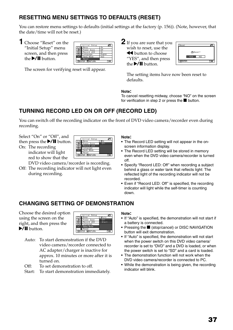 Resetting menu settings to defaults, Reset), Turning record led on or off | Record led), Changing setting of demonstration, P. 37, Resetting menu settings to defaults (reset), Turning record led on or off (record led) | Hitachi DZ-HS503 User Manual | Page 37 / 163