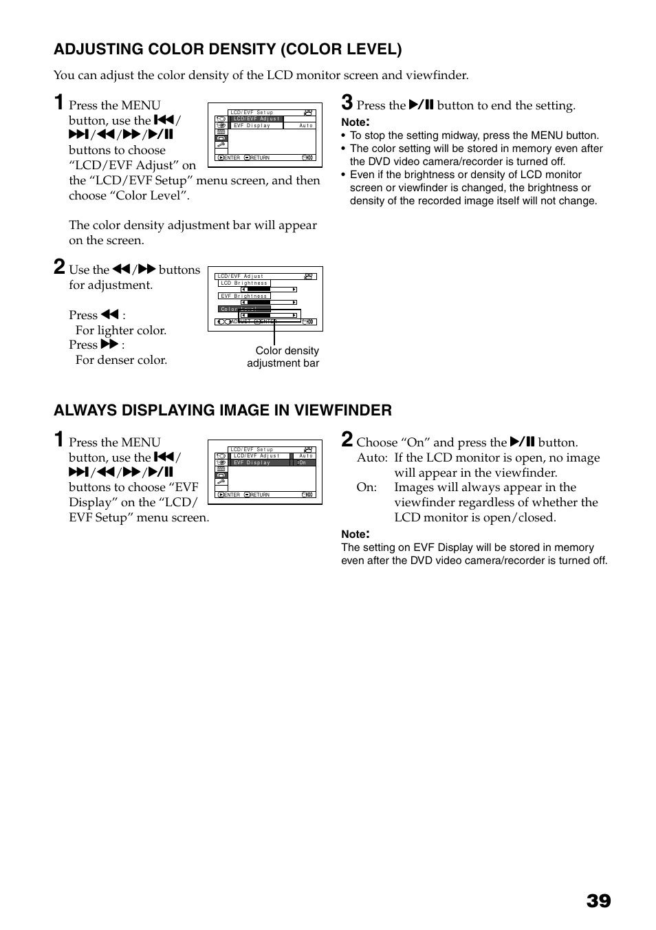 Adjusting color density, Color level), Always displaying image in | Viewfinder, Adjusting color density (color level), Always displaying image in viewfinder | Hitachi DZ-HS503 User Manual | Page 39 / 163