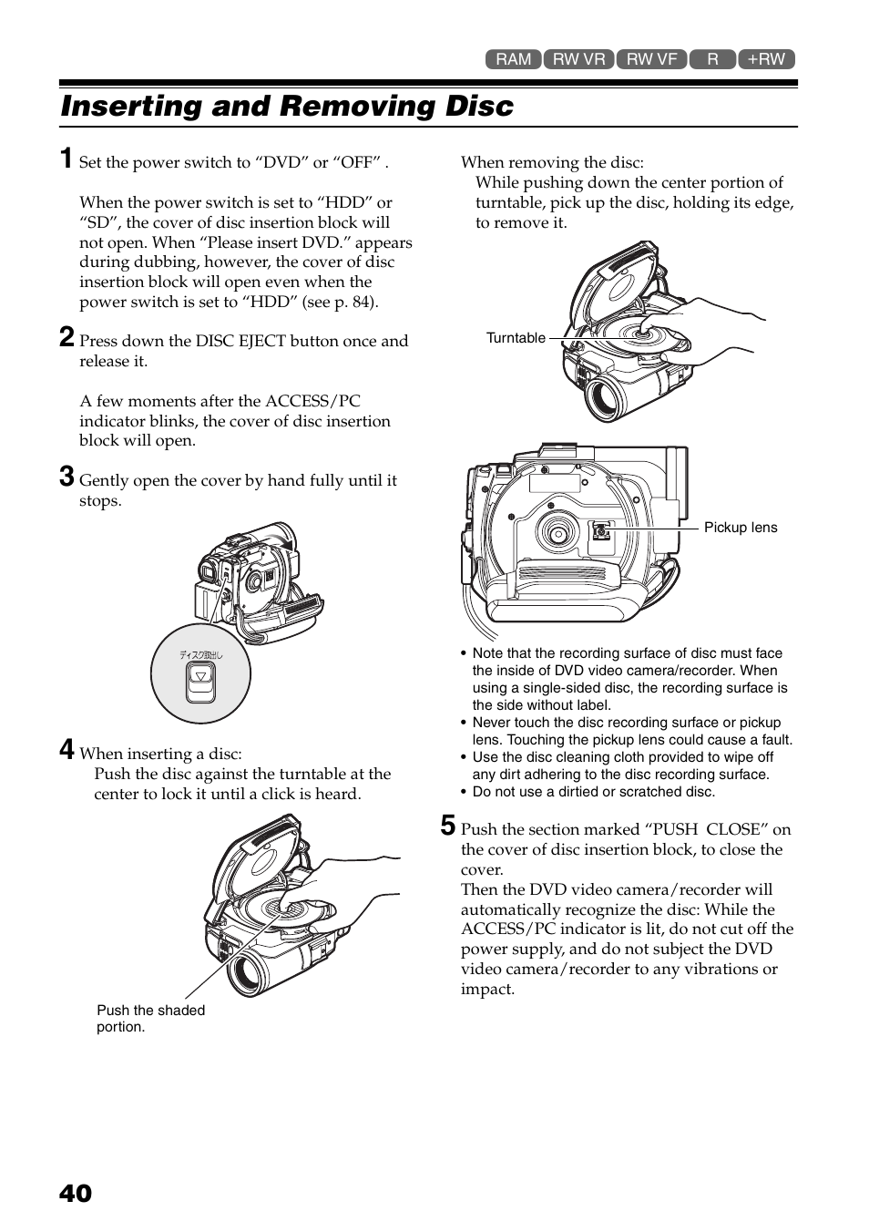 Inserting and removing disc, P. 40), K (p. 40) | Inserting and removing disc 1 | Hitachi DZ-HS503 User Manual | Page 40 / 163