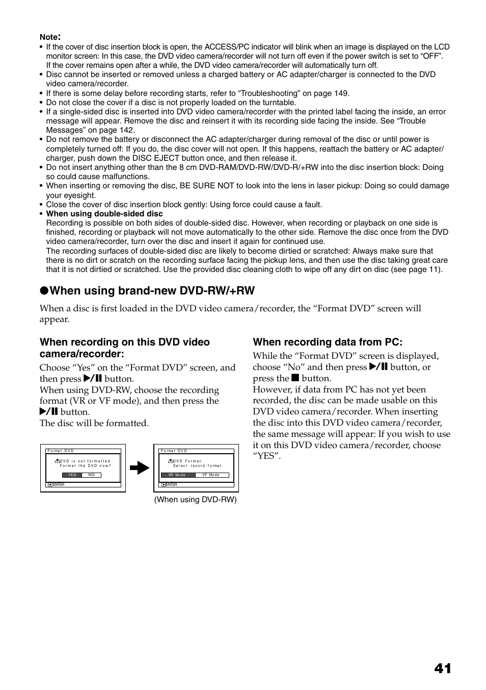 When using brand-new dvd-rw/+rw, When recording on this dvd video camera/recorder, When recording data from pc | Hitachi DZ-HS503 User Manual | Page 41 / 163