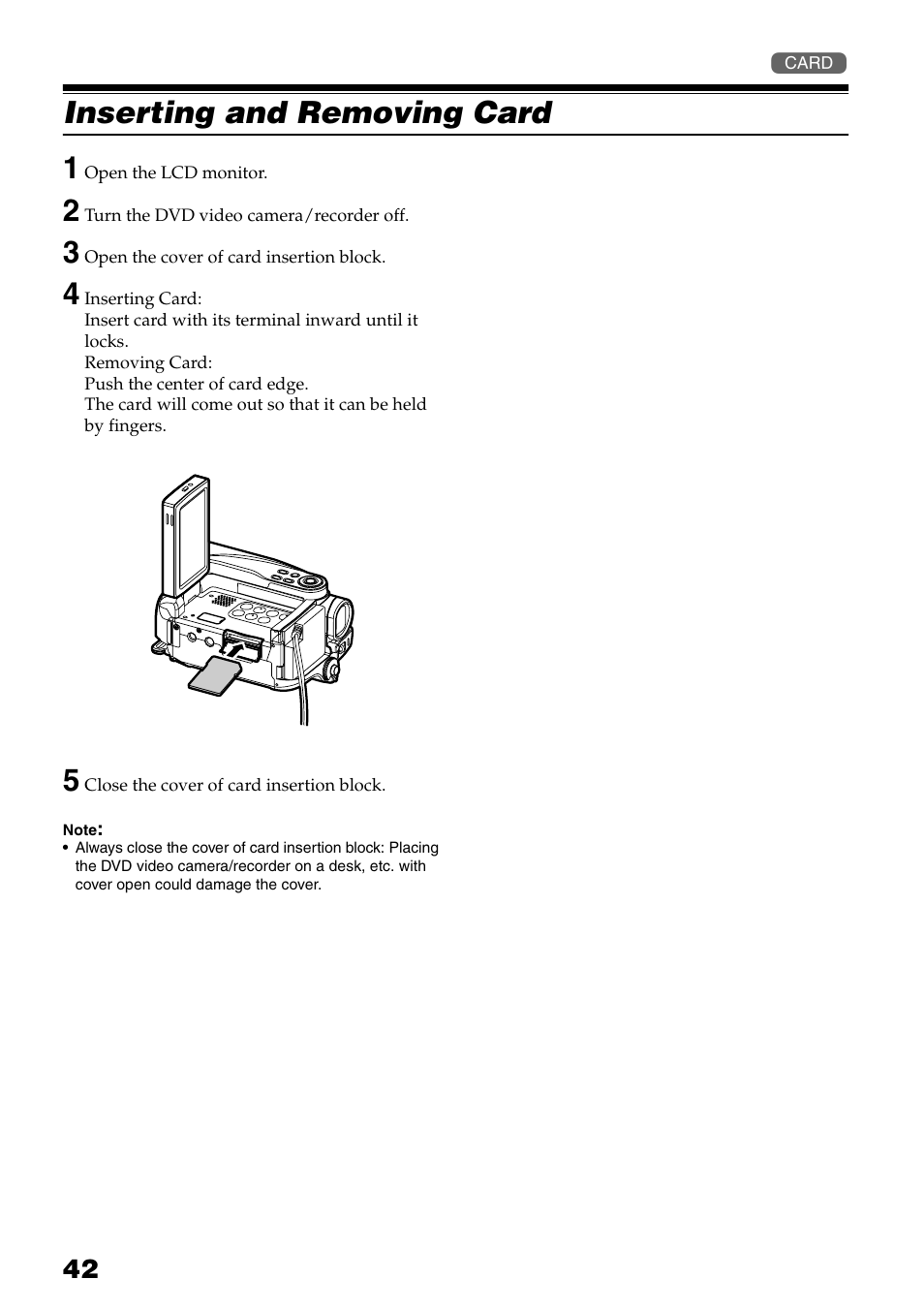 Inserting and removing card, K (p. 42), Inserting and removing card 1 | Hitachi DZ-HS503 User Manual | Page 42 / 163