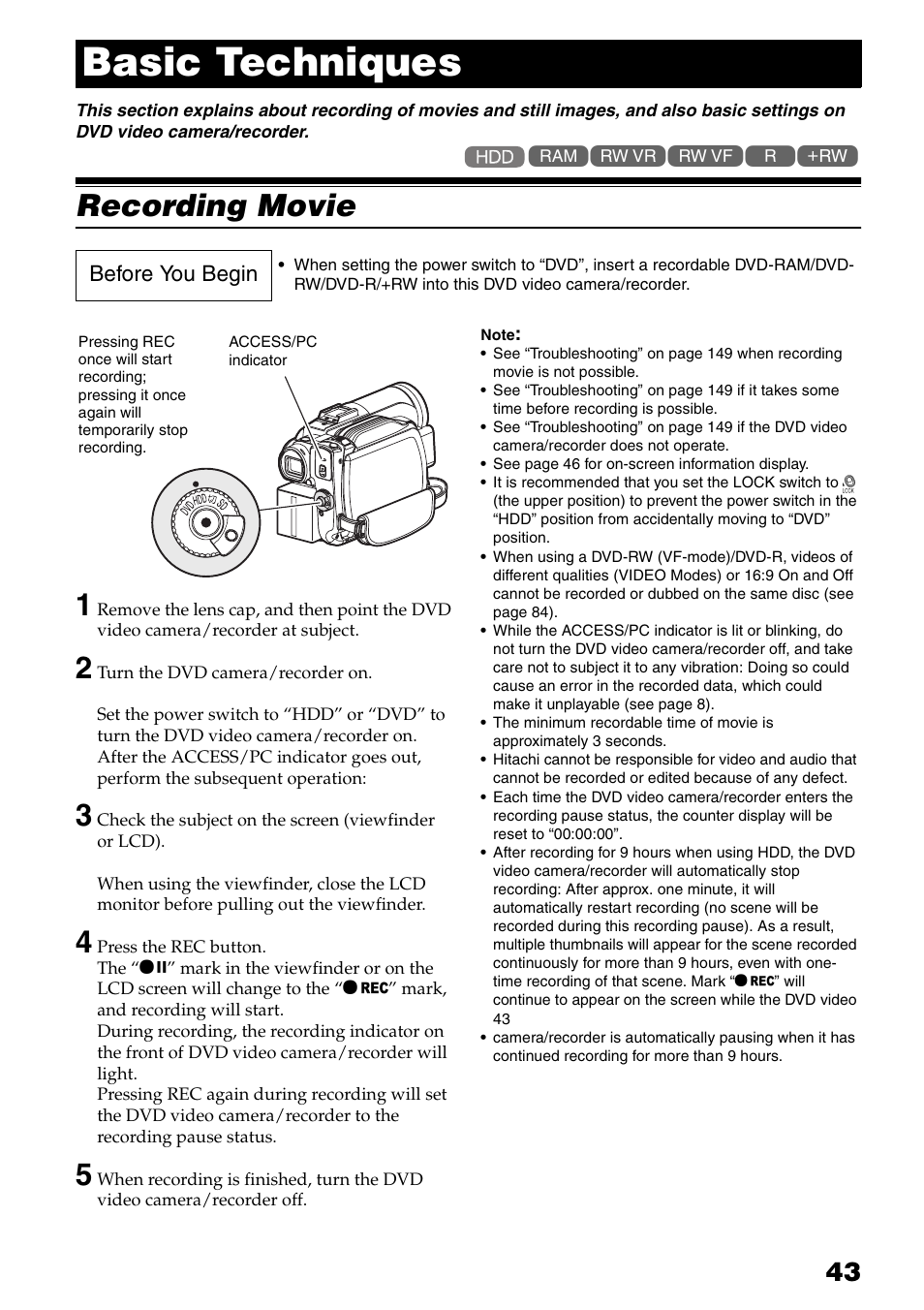 Basic techniques” expla, Recording movie, D (p. 43, 159) | P. 43, Basic techniques, P. 43), Recording movie 1 | Hitachi DZ-HS503 User Manual | Page 43 / 163