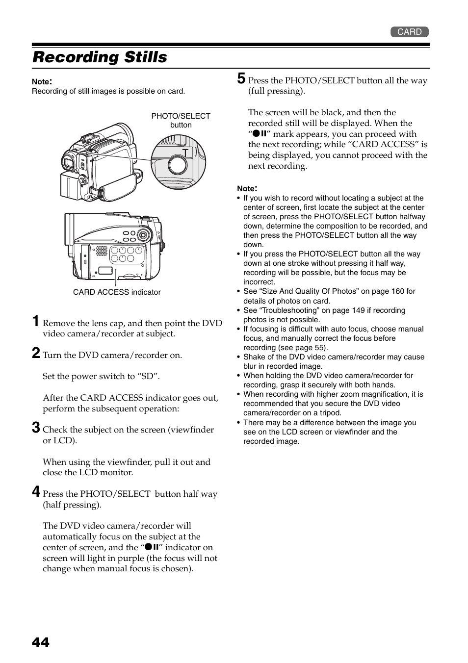 Recording stills, P. 44, 79, P. 44) | Hitachi DZ-HS503 User Manual | Page 44 / 163