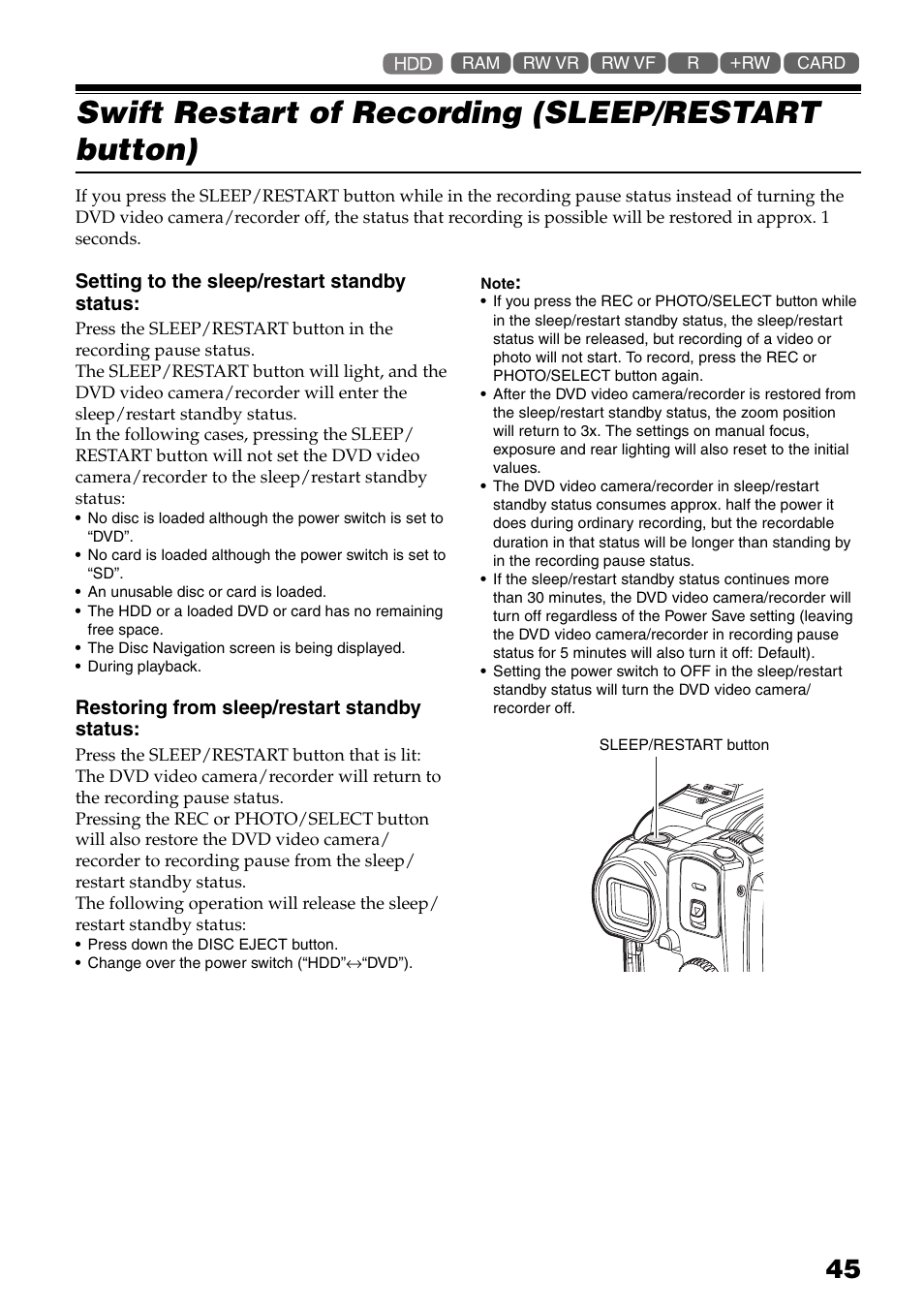 Swift restart of recording (sleep/restart, Button), Tton (p. 45) | Swift restart of recording (sleep/restart button) | Hitachi DZ-HS503 User Manual | Page 45 / 163