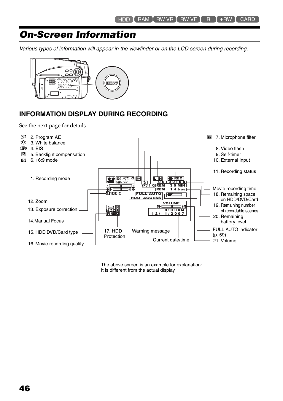 On-screen information, Information display during, Recording | P. 46, Information display during recording | Hitachi DZ-HS503 User Manual | Page 46 / 163