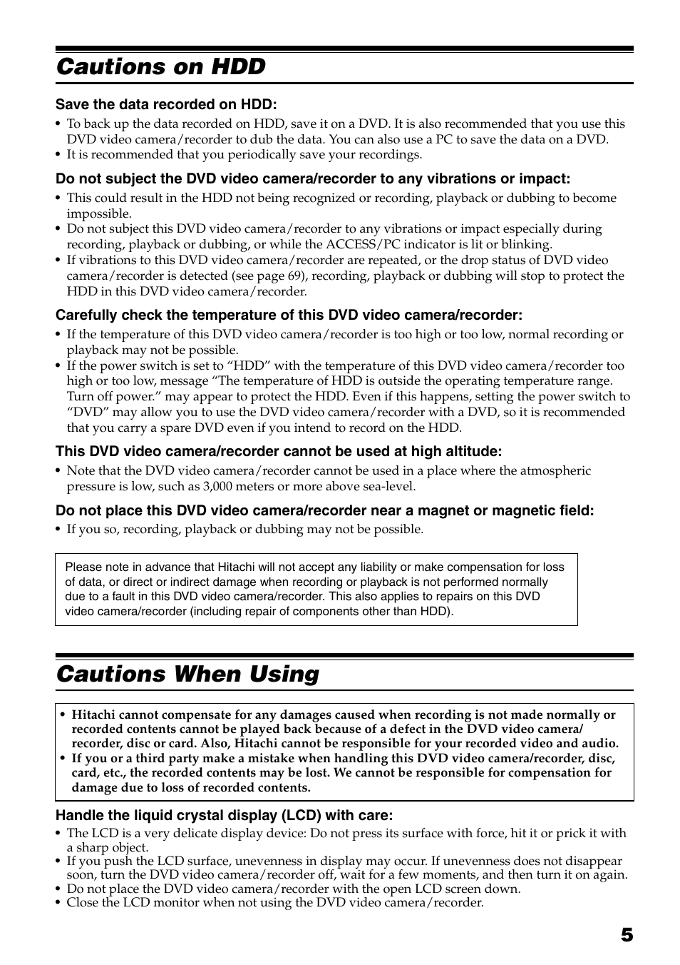 Cautions on hdd, Cautions when using | Hitachi DZ-HS503 User Manual | Page 5 / 163