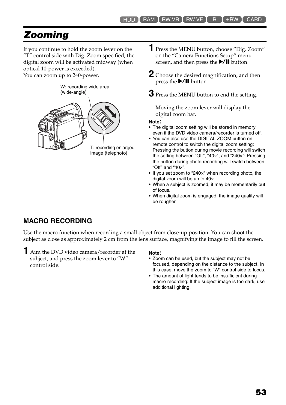 Zooming, Macro recording, P. 53) | Ver (p. 53, 55 | Hitachi DZ-HS503 User Manual | Page 53 / 163