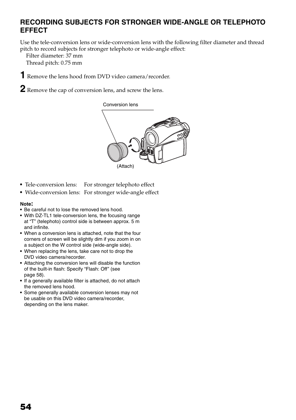 Recording subjects for stronger, Wide-angle or telephoto effect, P. 54) | Hitachi DZ-HS503 User Manual | Page 54 / 163