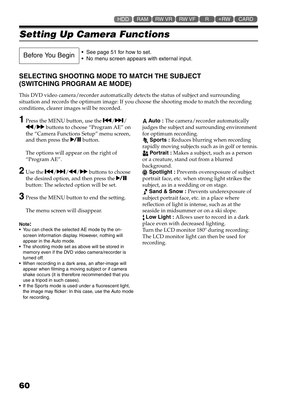 Setting up camera functions, Selecting shooting mode to match, The subject (switching program ae mode) | P. 60) | Hitachi DZ-HS503 User Manual | Page 60 / 163
