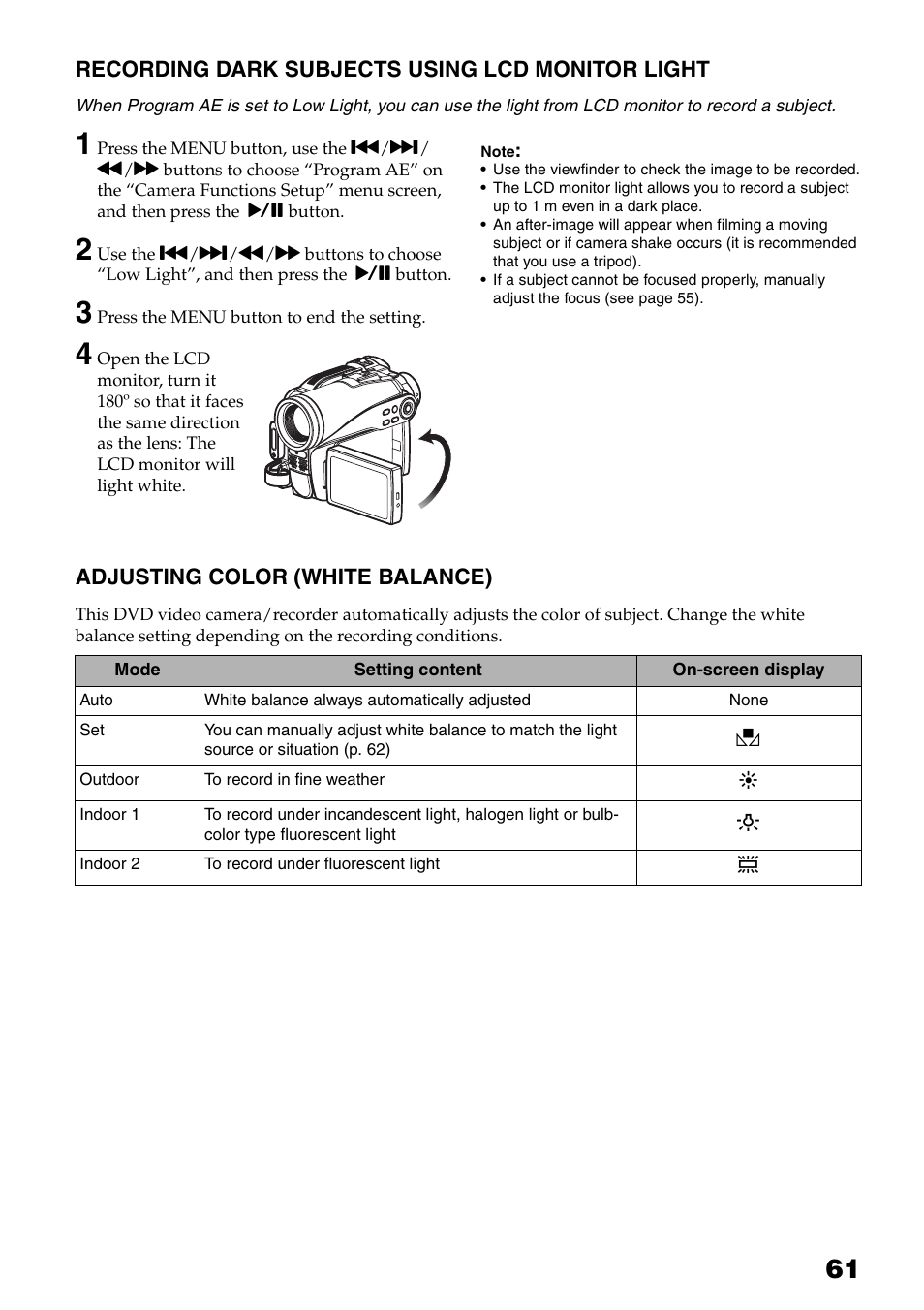 Recording dark subjects using lcd, Monitor light, Adjusting color (white balance) | P. 61), Nce (p. 61) | Hitachi DZ-HS503 User Manual | Page 61 / 163