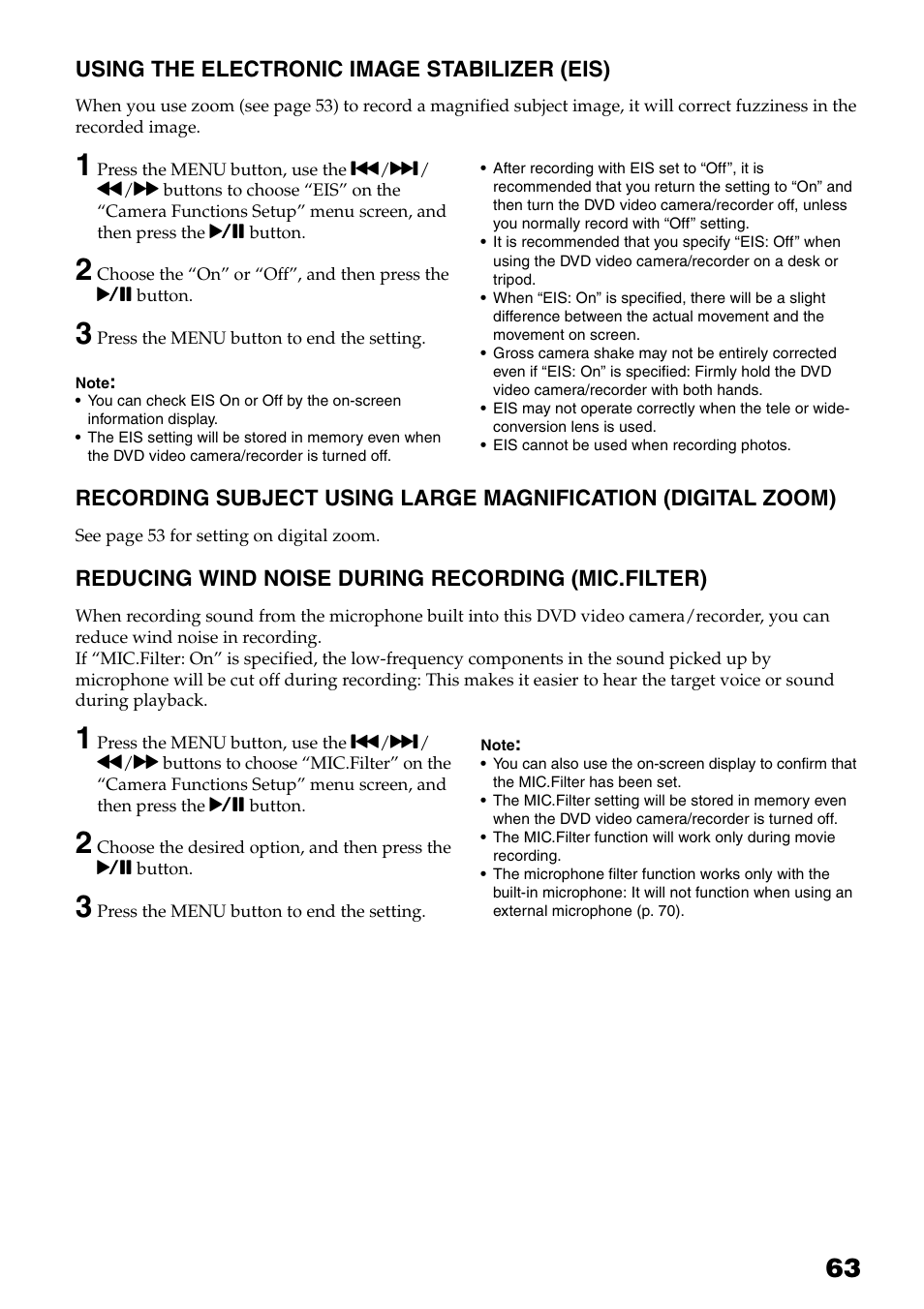 Using the electronic image stabilizer, Eis), Recording subject using large | Magnification (digital zoom), Reducing wind noise during recording, Mic.filter), P. 63) | Hitachi DZ-HS503 User Manual | Page 63 / 163