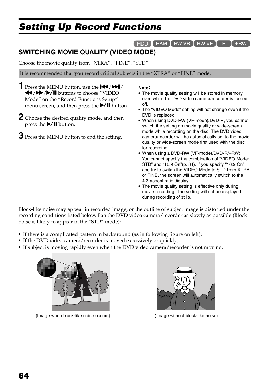 Setting up record functions, Switching movie quality, Video mode) | P. 64) | Hitachi DZ-HS503 User Manual | Page 64 / 163