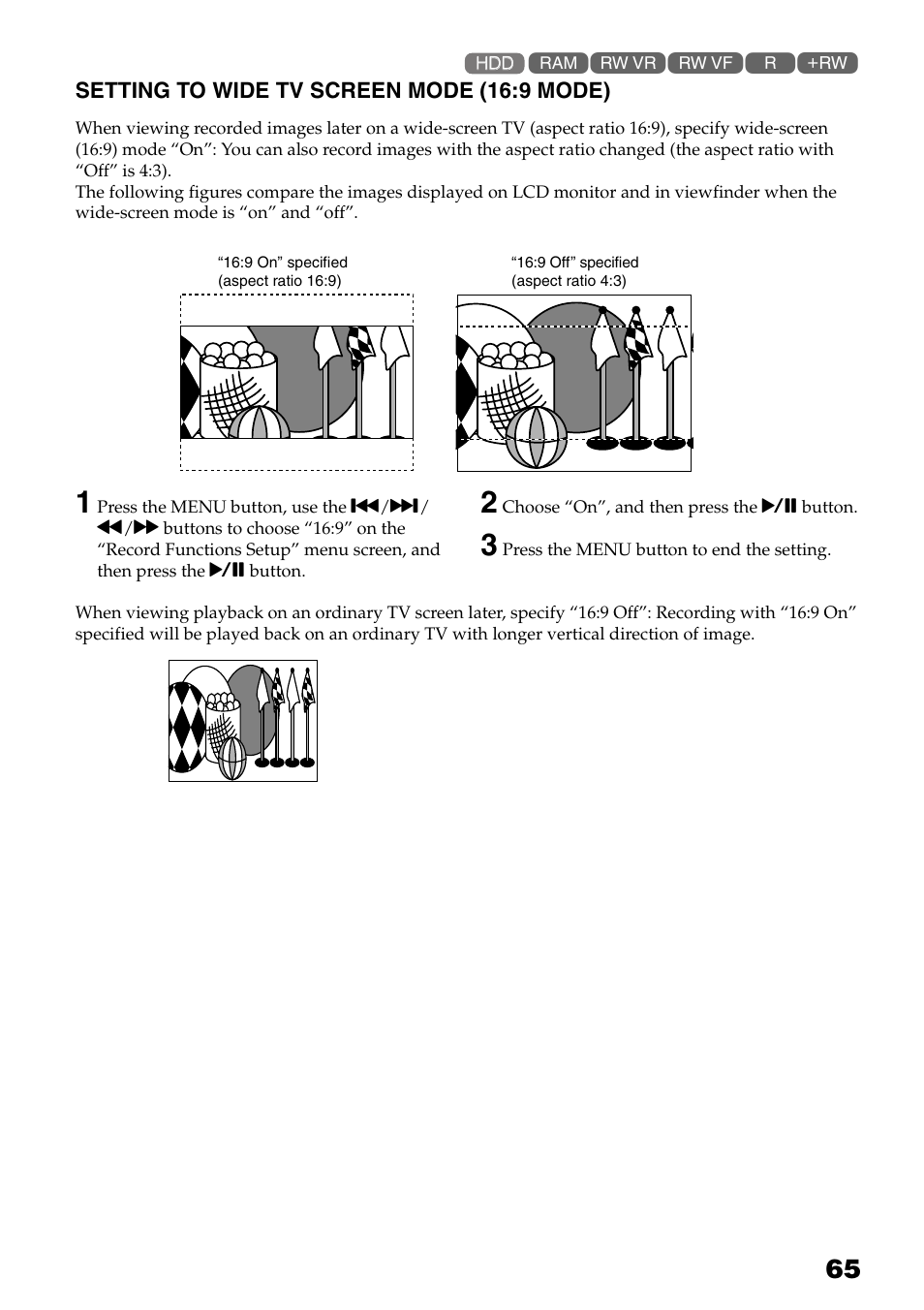 Setting to wide tv screen mode (16:9, Mode), P. 65) | Hitachi DZ-HS503 User Manual | Page 65 / 163