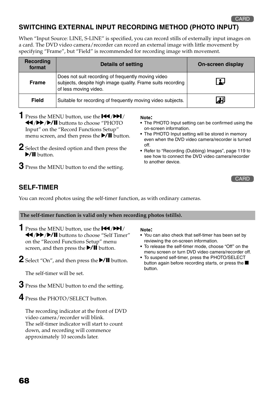 Switching external input recording, Method (photo input), Self-timer | P. 68) | Hitachi DZ-HS503 User Manual | Page 68 / 163