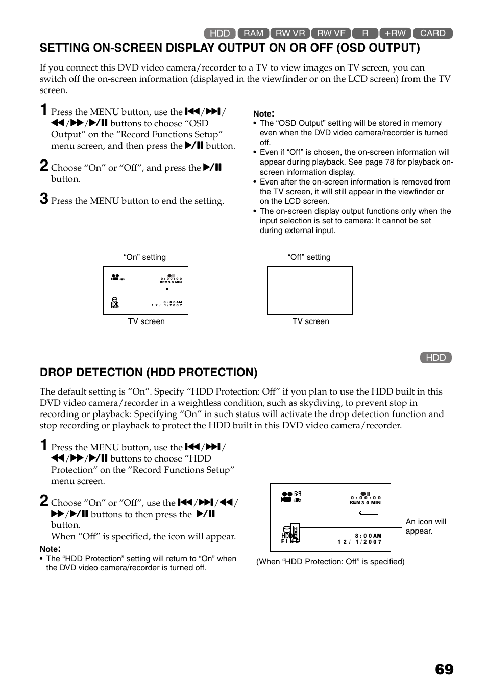 Setting on-screen display output on, Or off (osd output), Drop detection (hdd protection) | Otection (p. 69), P. 69) | Hitachi DZ-HS503 User Manual | Page 69 / 163