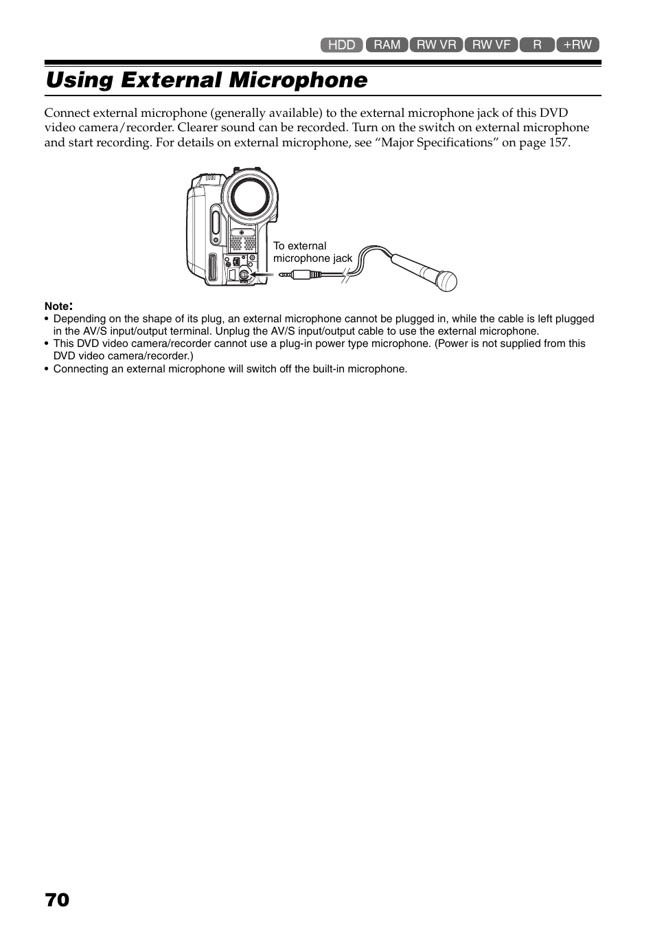 Using external microphone, P. 70) | Hitachi DZ-HS503 User Manual | Page 70 / 163