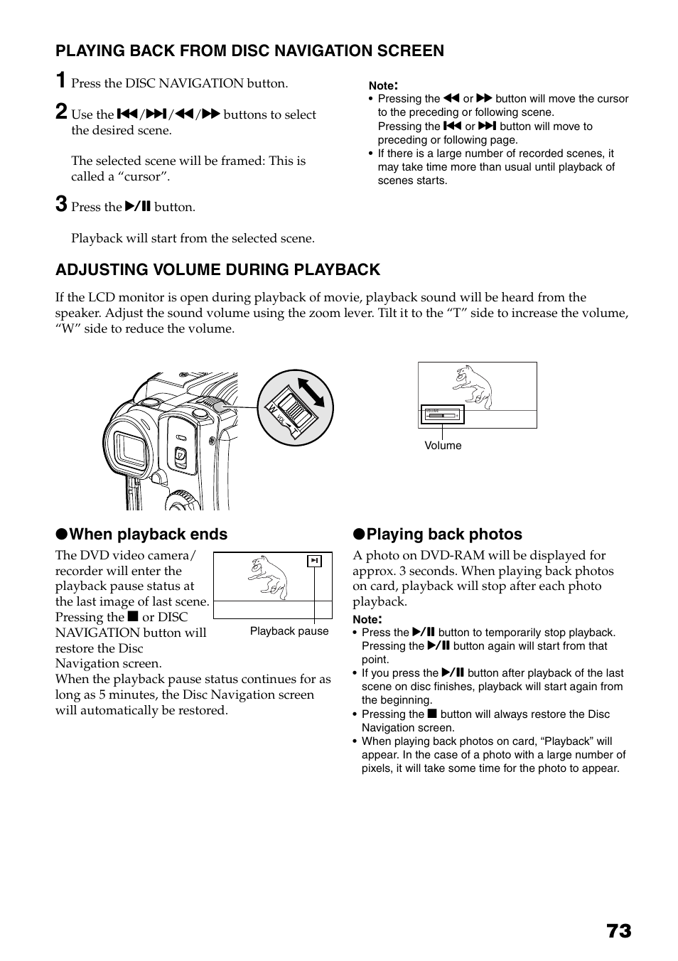 P. 73), Playing back from disc navigation, Screen | Adjusting volume during playback, Eaker (p. 73), Playing back from disc navigation screen, When playback ends, Playing back photos | Hitachi DZ-HS503 User Manual | Page 73 / 163