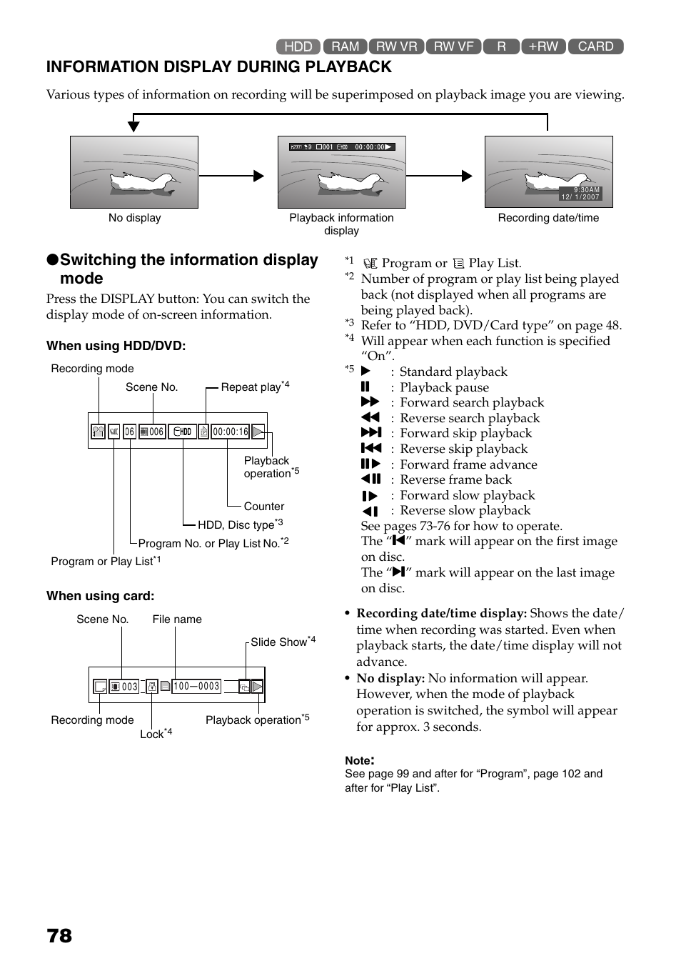 Information display during, Playback, Information display during playback | Switching the information display mode | Hitachi DZ-HS503 User Manual | Page 78 / 163