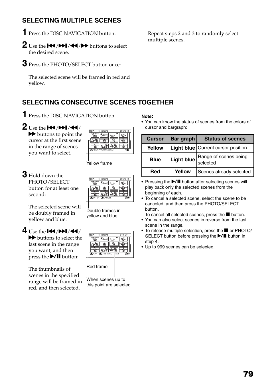Together, P. 79, 97), Selecting multiple scenes | Selecting consecutive scenes together | Hitachi DZ-HS503 User Manual | Page 79 / 163