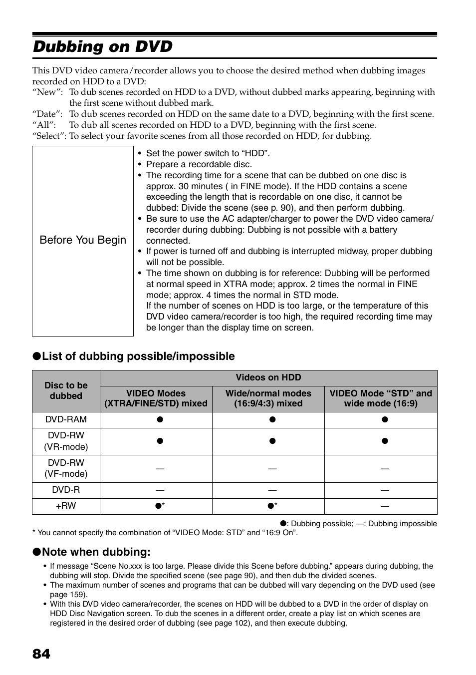 Dubbing on dvd, Er or pc (p. 84), List of dubbing possible/impossible | Before you begin | Hitachi DZ-HS503 User Manual | Page 84 / 163