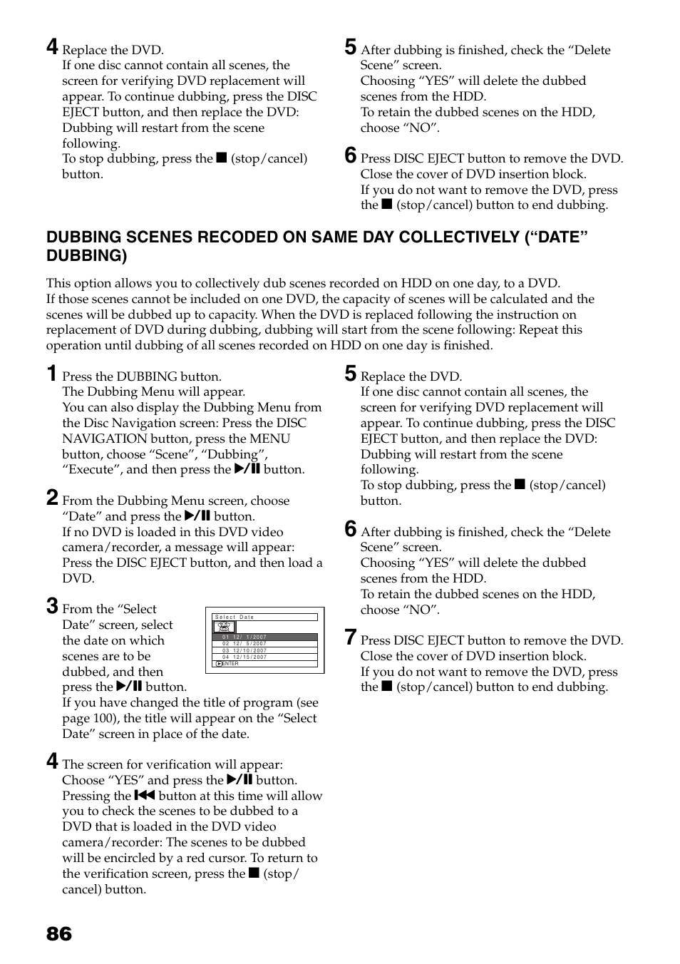 Dubbing scenes recoded on same day, Collectively (“date” dubbing) | Hitachi DZ-HS503 User Manual | Page 86 / 163