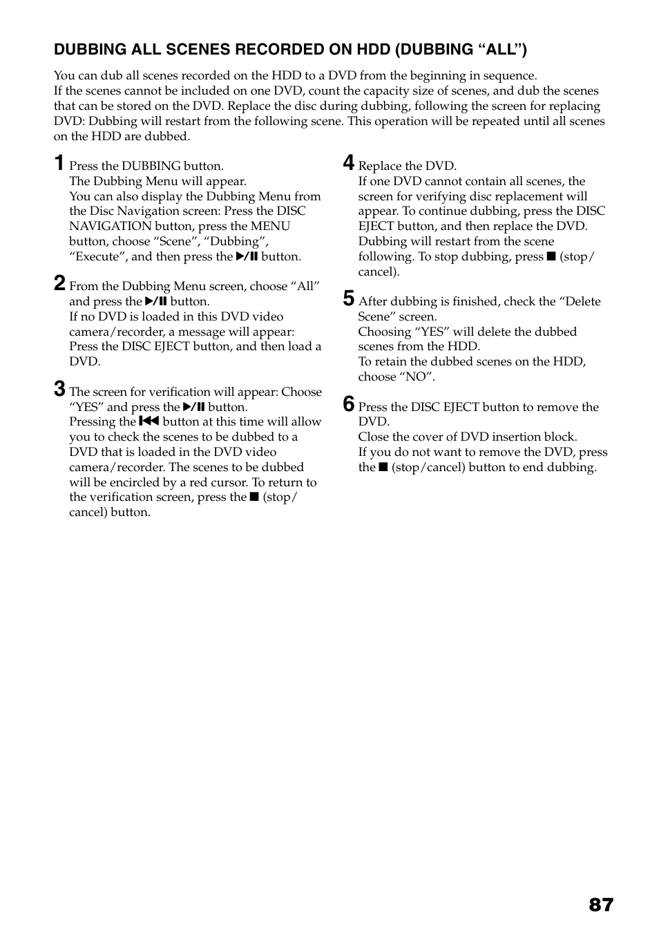 Dubbing all scenes recorded on hdd, Dubbing “all”) | Hitachi DZ-HS503 User Manual | Page 87 / 163