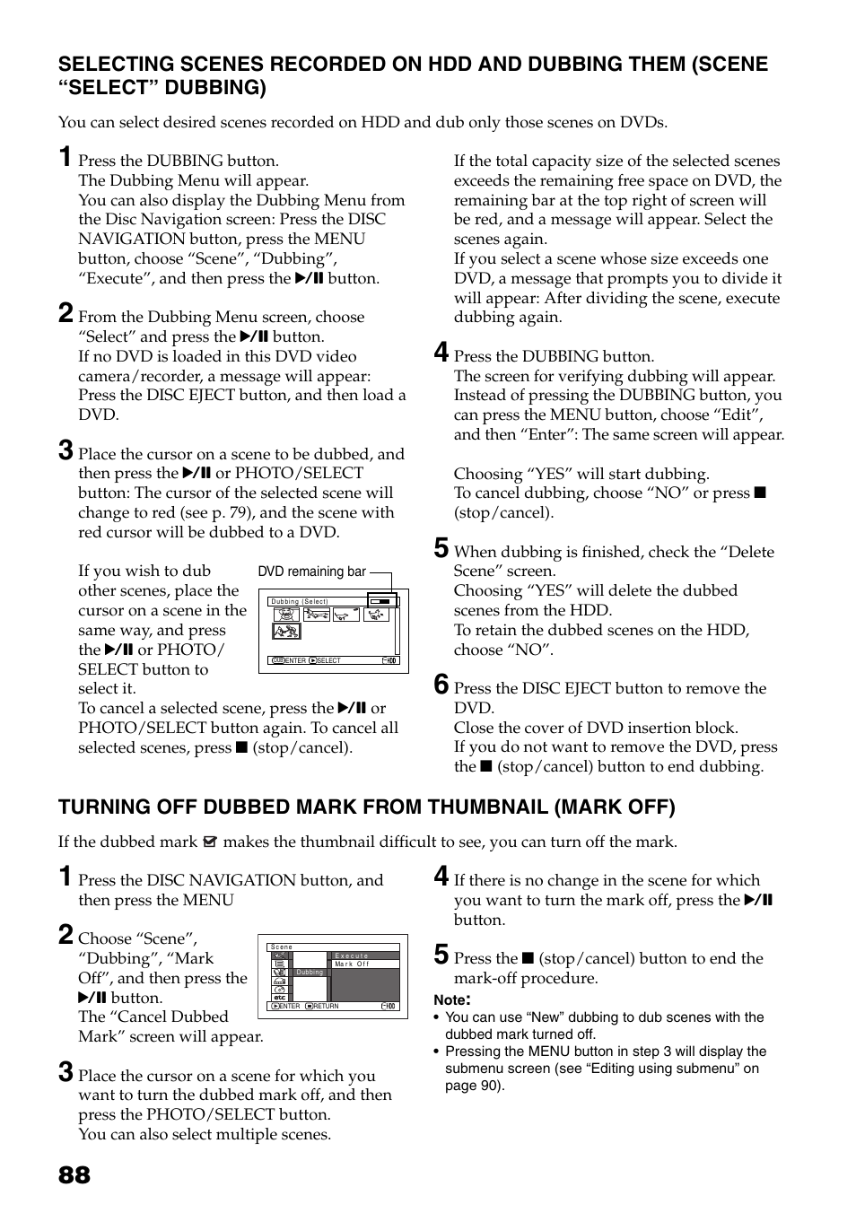 Selecting scenes recorded on hdd and, Dubbing them (scene “select” dubbing), Turning off dubbed mark from | Thumbnail (mark off), P. 88), Turning off dubbed mark from thumbnail (mark off) | Hitachi DZ-HS503 User Manual | Page 88 / 163