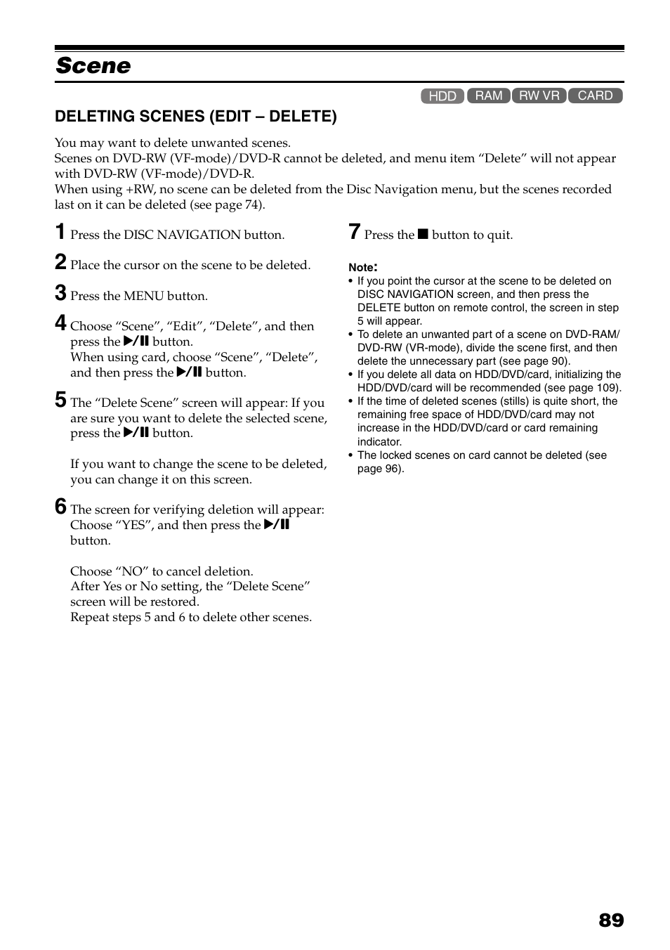 Scene, Deleting scenes (edit – delete), Tton (p. 89) | P. 89) | Hitachi DZ-HS503 User Manual | Page 89 / 163
