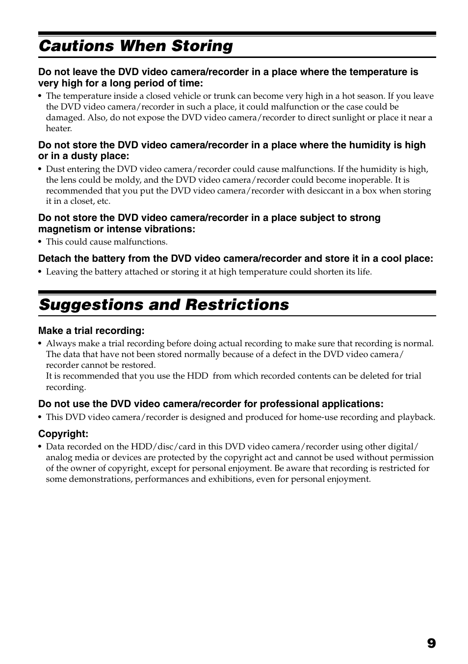 Cautions when storing, Suggestions and restrictions | Hitachi DZ-HS503 User Manual | Page 9 / 163