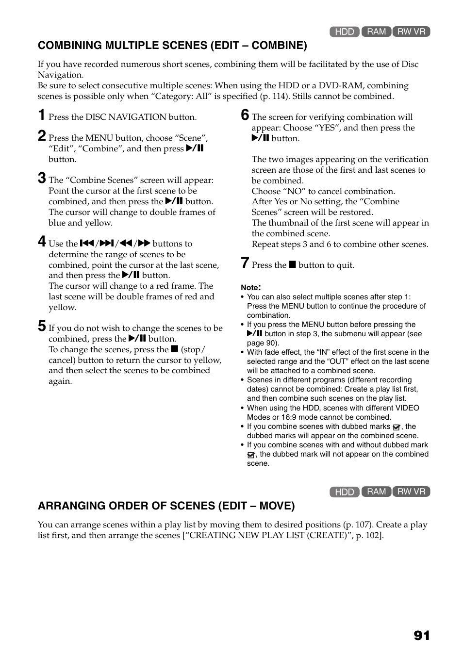 Combining multiple scenes, Edit – combine), Arranging order of scenes | Edit – move), P. 91), P. 91 | Hitachi DZ-HS503 User Manual | Page 91 / 163