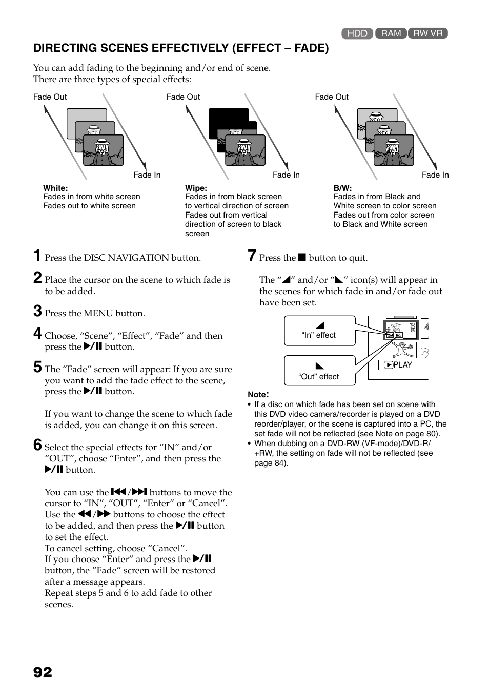 Directing scenes effectively, Effect – fade), P. 92) | T (p. 92) | Hitachi DZ-HS503 User Manual | Page 92 / 163