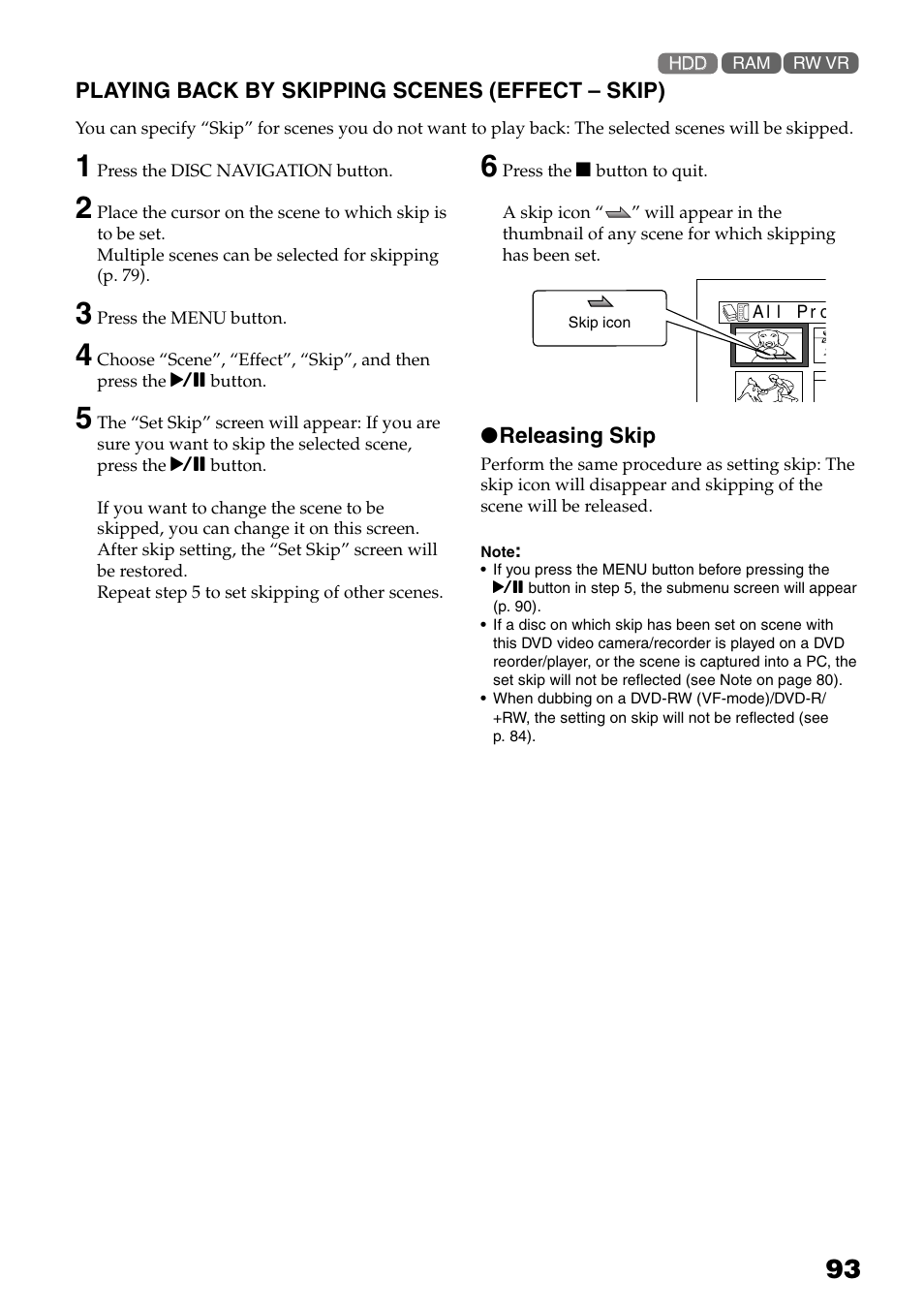 Playing back by skipping scenes, Effect – skip), Skip | P. 93) | Hitachi DZ-HS503 User Manual | Page 93 / 163