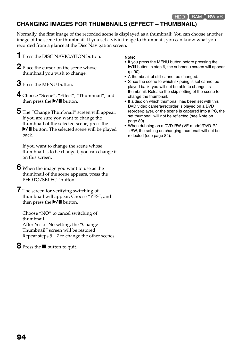 Changing images for thumbnails, Effect – thumbnail), P. 94) | Hitachi DZ-HS503 User Manual | Page 94 / 163