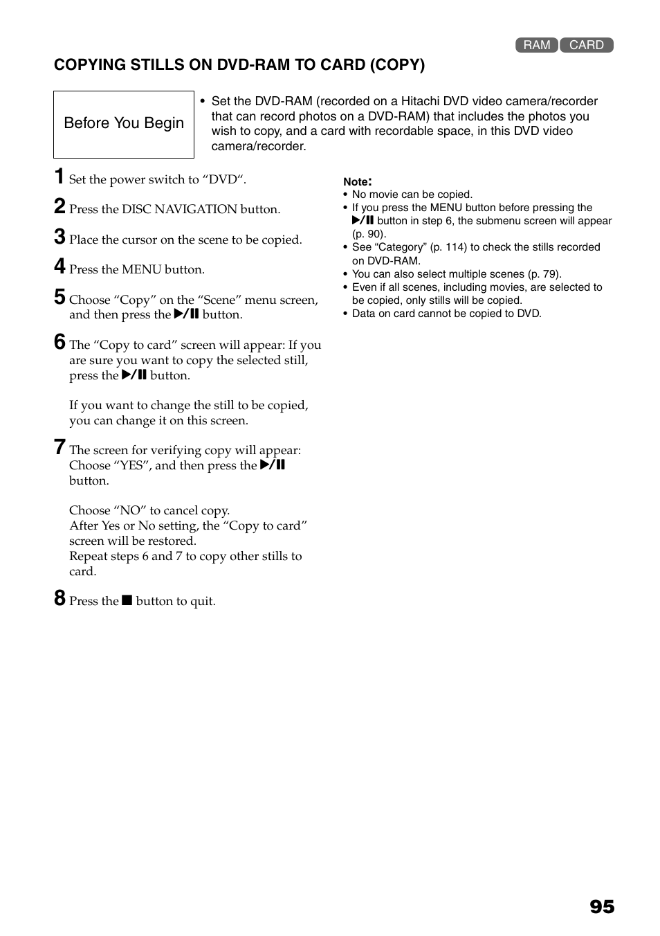 Copying stills on dvd-ram to card, Copy), P. 95) | Hitachi DZ-HS503 User Manual | Page 95 / 163