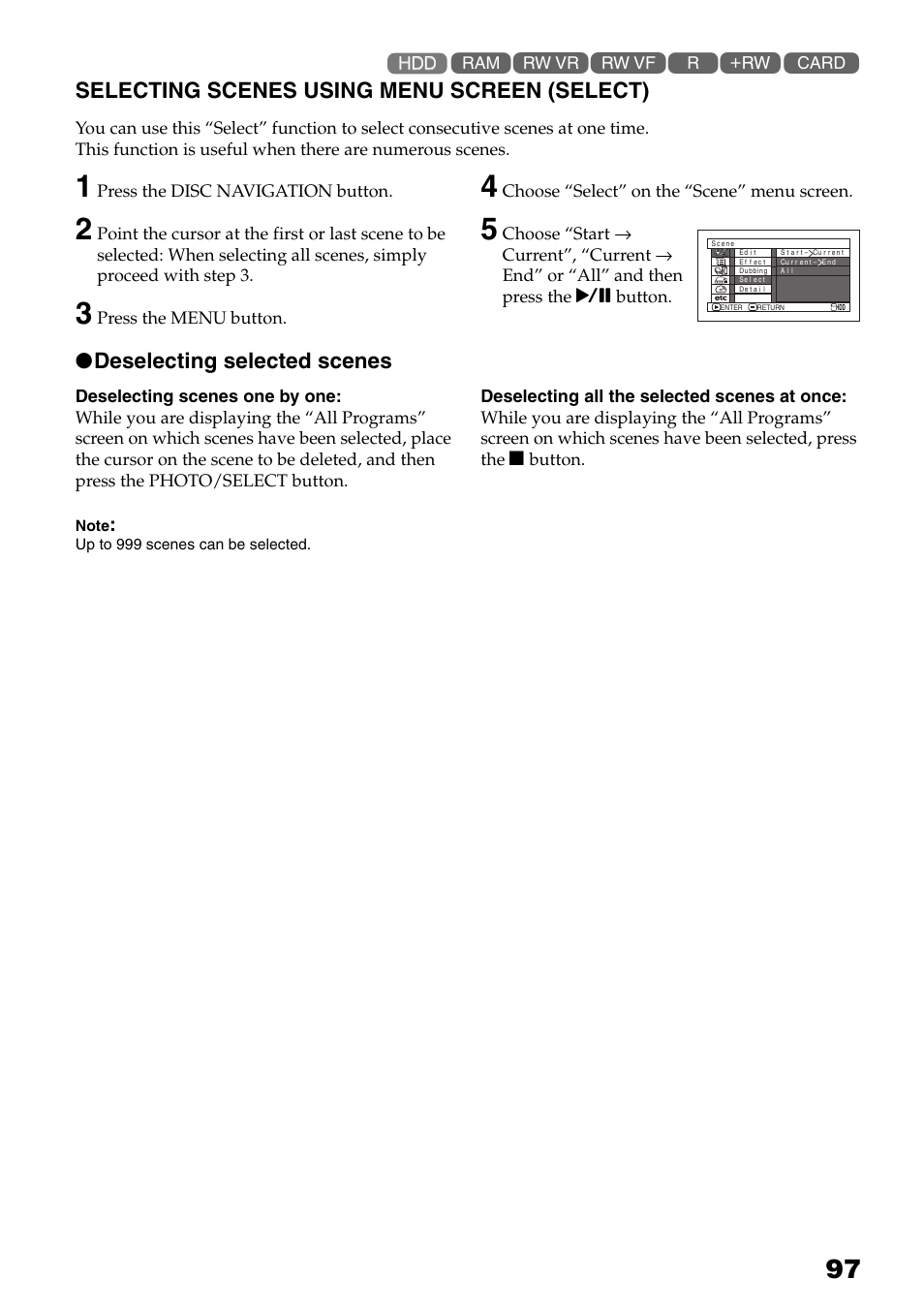 Selecting scenes using menu screen, Select), P. 97) | Selecting scenes using menu screen (select), Deselecting selected scenes | Hitachi DZ-HS503 User Manual | Page 97 / 163