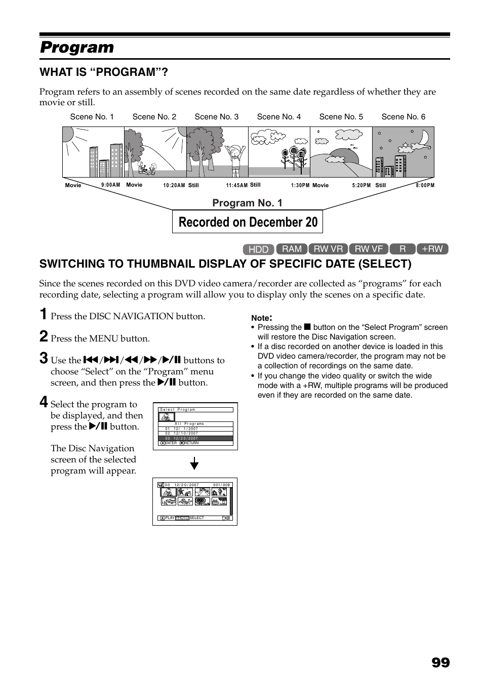 Program, Specific date (select), P. 99) | Recorded on december 20, What is “program, Program no. 1 | Hitachi DZ-HS503 User Manual | Page 99 / 163