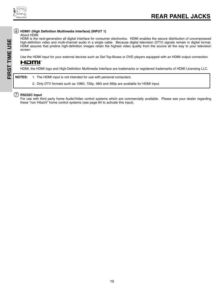 Rear panel jacks, First time use | Hitachi 51F520 User Manual | Page 10 / 80