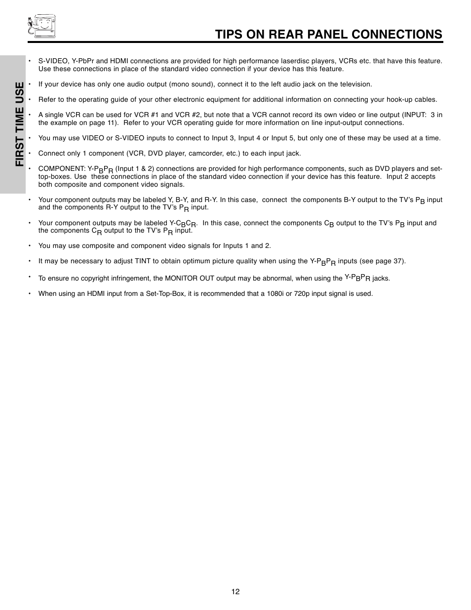 Tips on rear panel connections, First time use | Hitachi 51F520 User Manual | Page 12 / 80