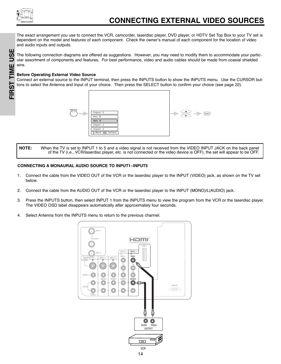 Connecting external video sources, First time use | Hitachi 51F520 User Manual | Page 14 / 80