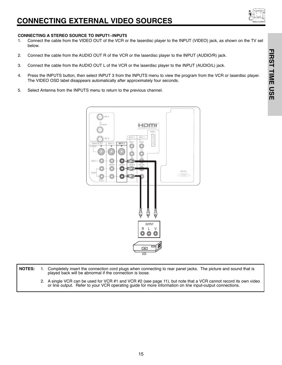 Connecting external video sources, First time use | Hitachi 51F520 User Manual | Page 15 / 80