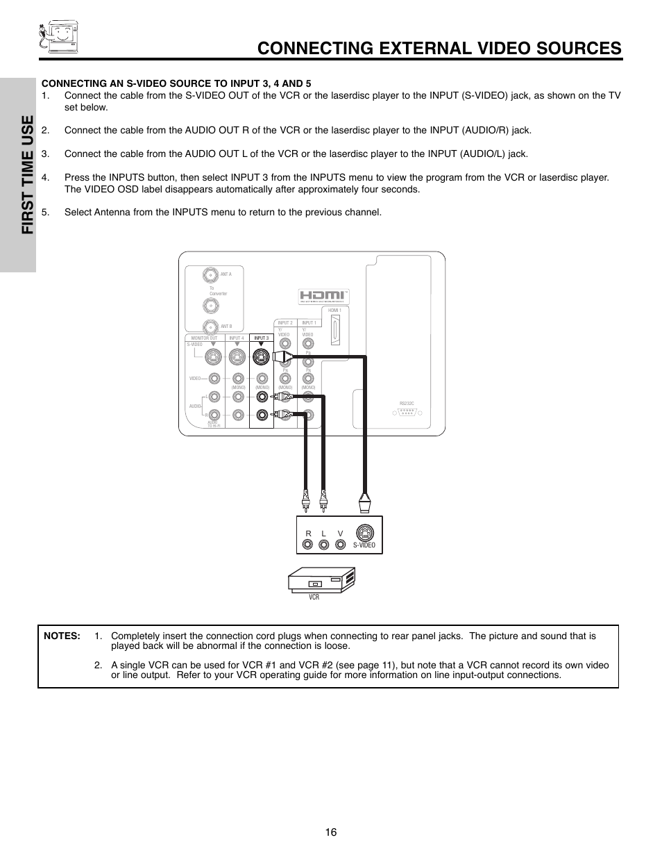 Connecting external video sources, First time use | Hitachi 51F520 User Manual | Page 16 / 80