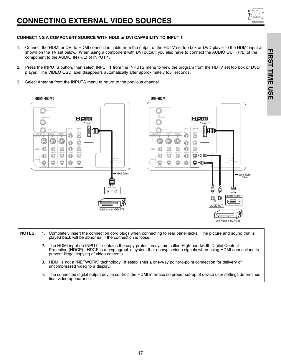 Connecting external video sources, First time use, Hdmi-hdmi dvi-hdmi | Hitachi 51F520 User Manual | Page 17 / 80