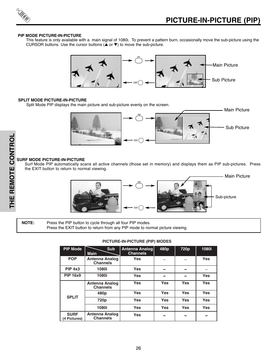 Picture-in-picture (pip), The remote control | Hitachi 51F520 User Manual | Page 26 / 80