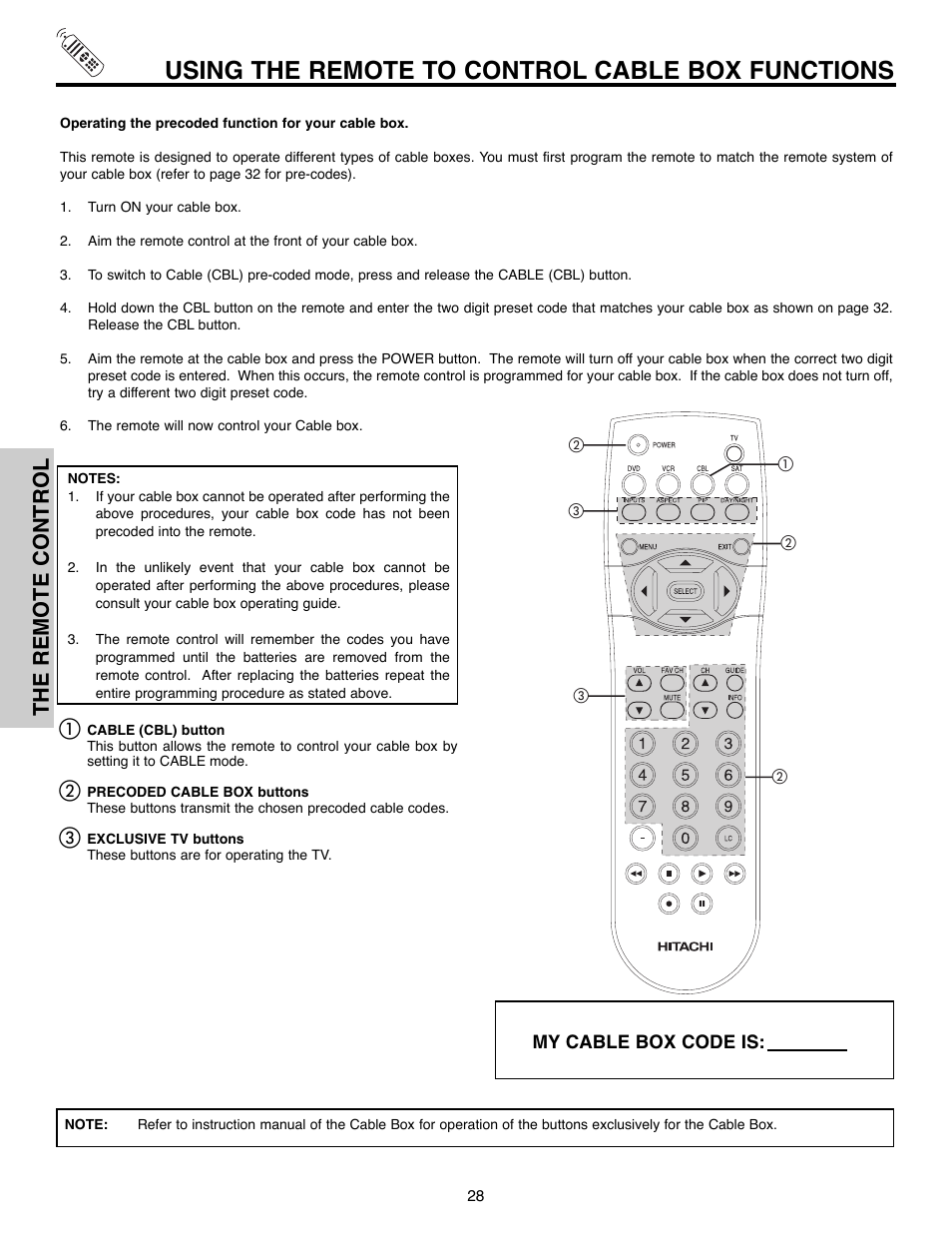 Using the remote to control cable box functions, The remote control | Hitachi 51F520 User Manual | Page 28 / 80