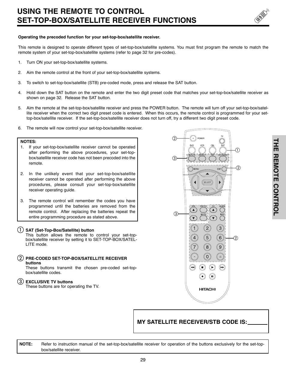 The remote control | Hitachi 51F520 User Manual | Page 29 / 80