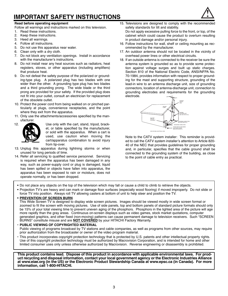 Important safety instructions | Hitachi 51F520 User Manual | Page 3 / 80