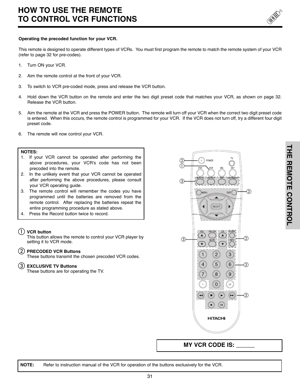 How to use the remote to control vcr functions, The remote control | Hitachi 51F520 User Manual | Page 31 / 80