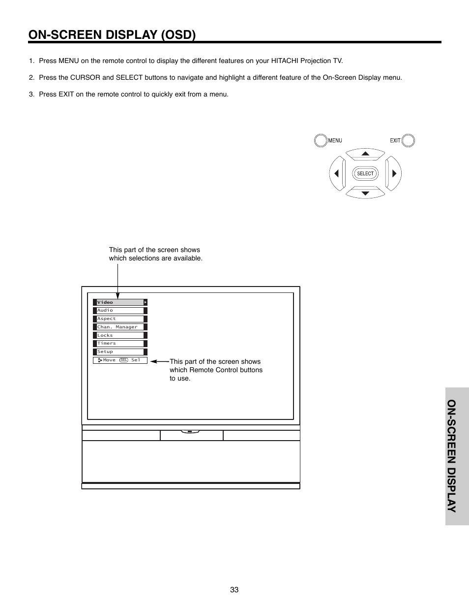 On-screen display (osd), On-screen displa y | Hitachi 51F520 User Manual | Page 33 / 80