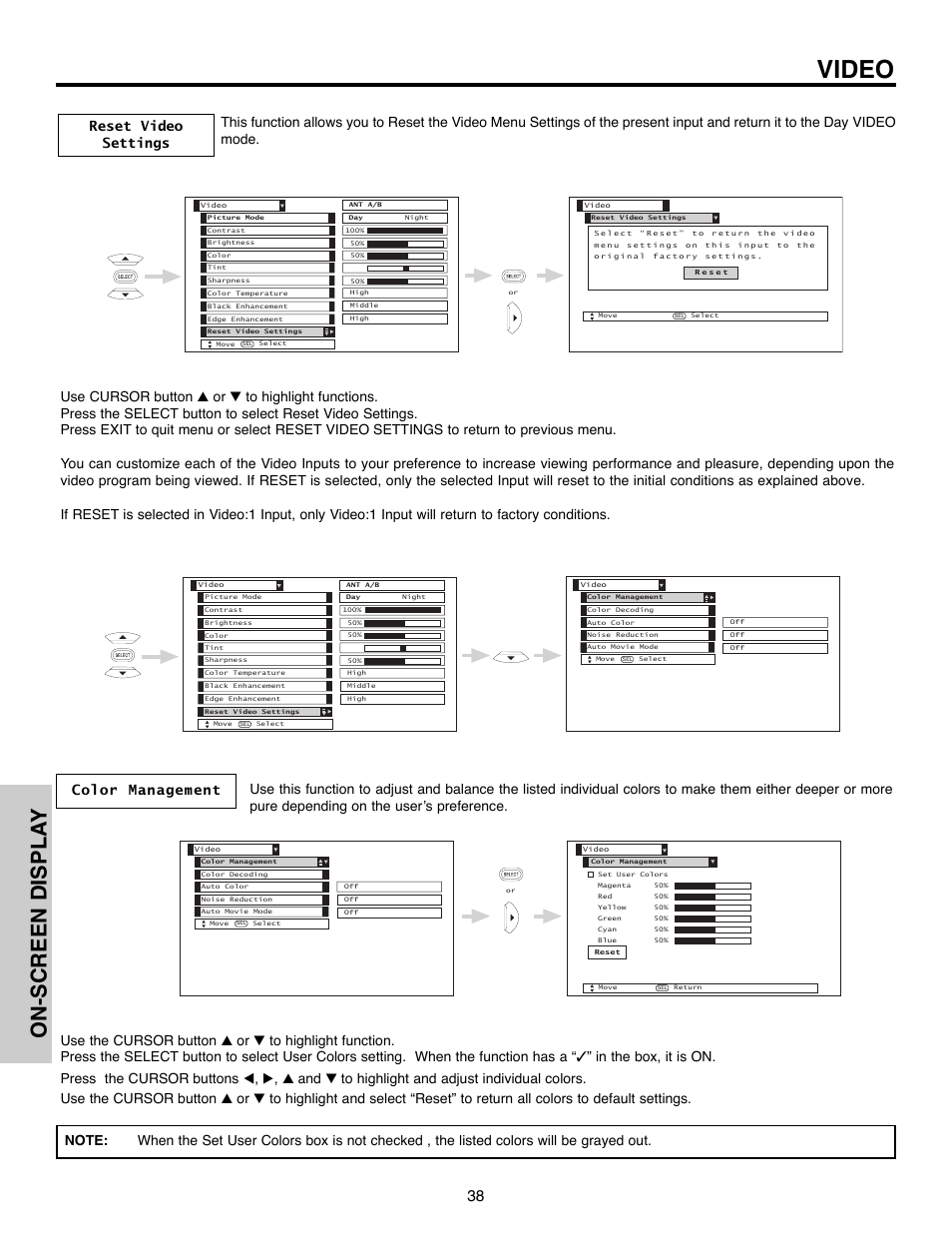 Video, On-screen displa y | Hitachi 51F520 User Manual | Page 38 / 80