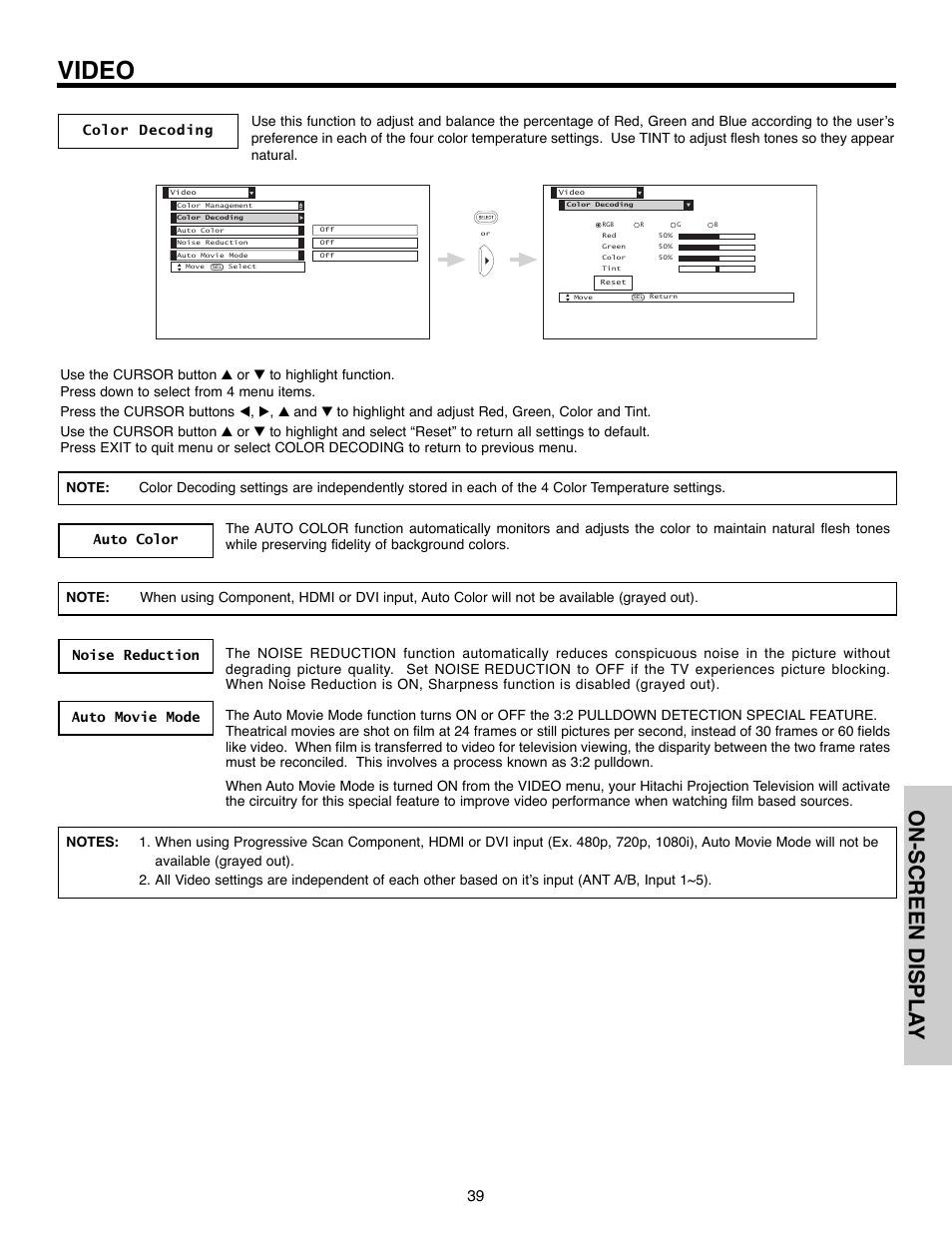 Video, On-screen displa y | Hitachi 51F520 User Manual | Page 39 / 80